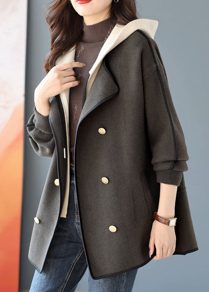 New Black Hooded Patchwork False Two Pieces Woolen Coats Fall Ada Fashion