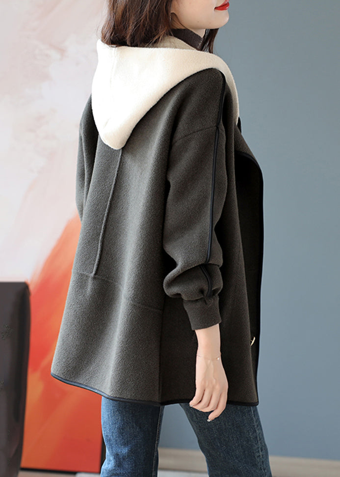 New Black Hooded Patchwork False Two Pieces Woolen Coats Fall Ada Fashion