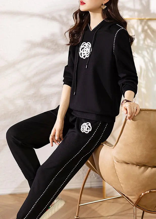New Black Hooded Pockets Patchwork Cotton Two Pieces Set Fall Ada Fashion
