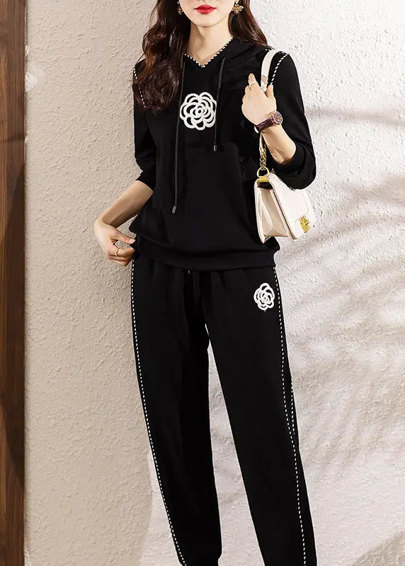 New Black Hooded Pockets Patchwork Cotton Two Pieces Set Fall Ada Fashion