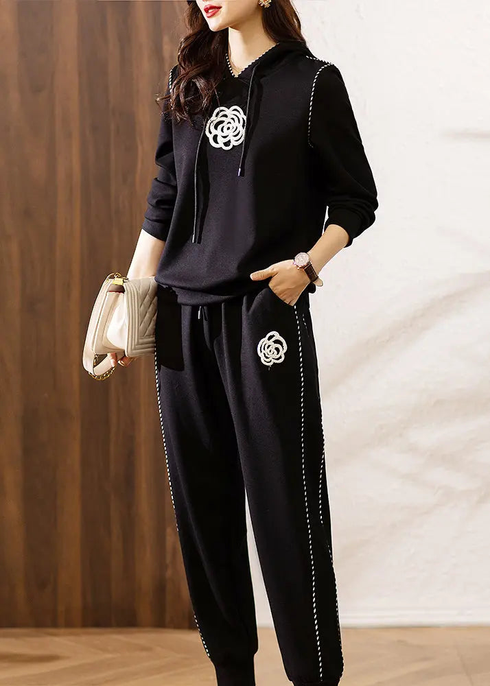New Black Hooded Pockets Patchwork Cotton Two Pieces Set Fall Ada Fashion