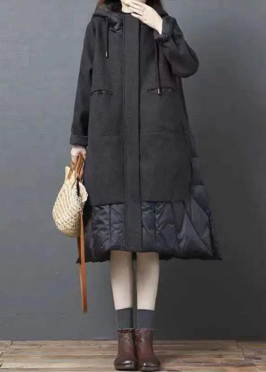 New Black Hooded Pockets Patchwork Thick Woolen Long Coat Winter Ada Fashion