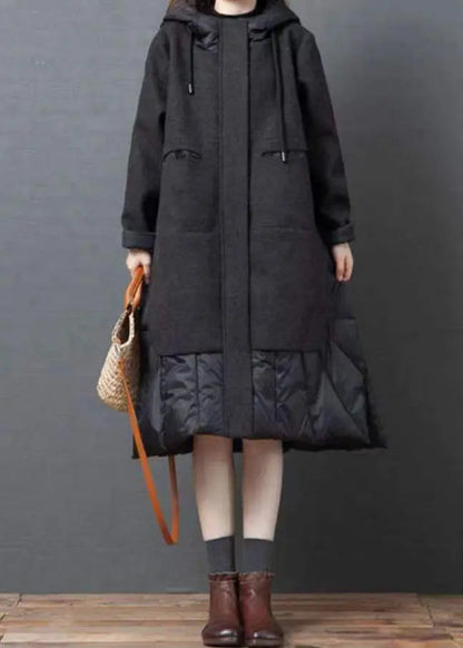 New Black Hooded Pockets Patchwork Thick Woolen Long Coat Winter Ada Fashion