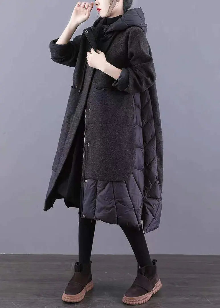 New Black Hooded Pockets Patchwork Thick Woolen Long Coat Winter Ada Fashion