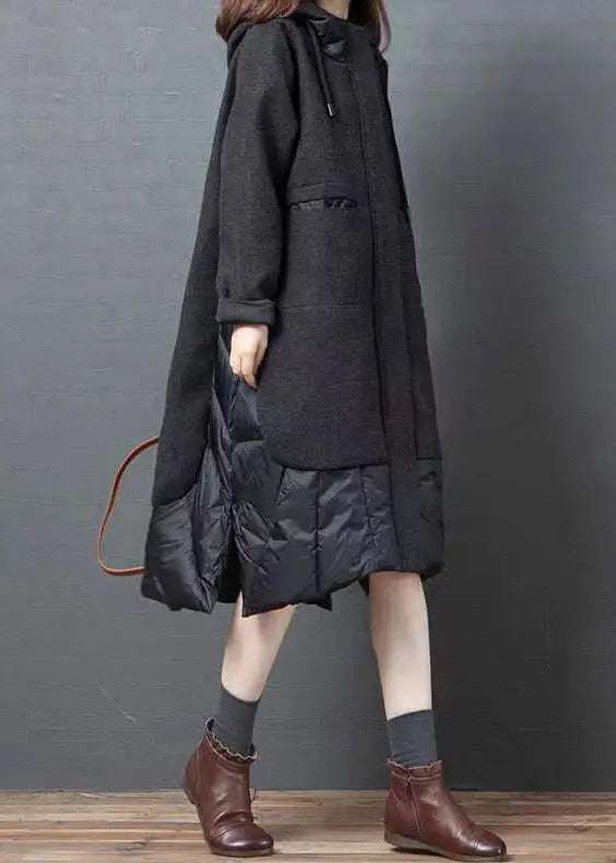 New Black Hooded Pockets Patchwork Thick Woolen Long Coat Winter Ada Fashion