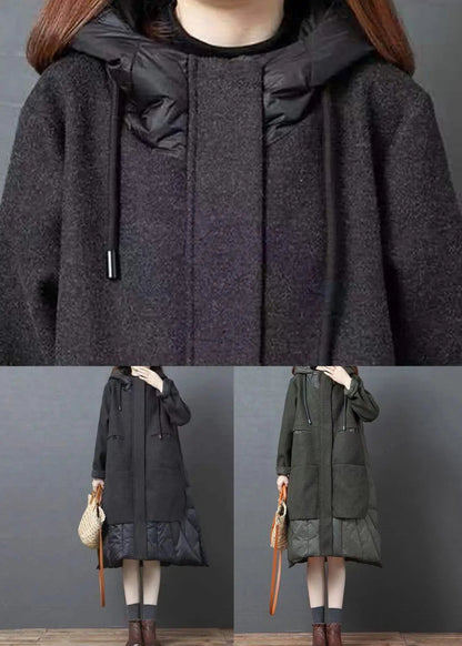 New Black Hooded Pockets Patchwork Thick Woolen Long Coat Winter Ada Fashion