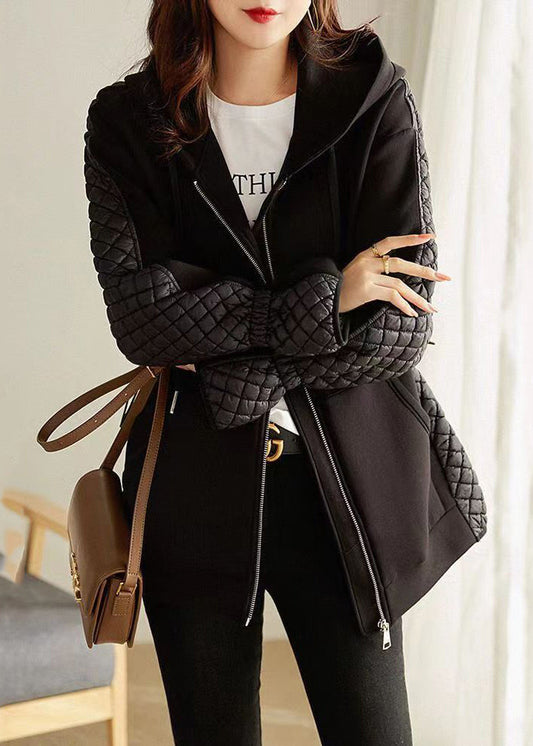 New Black Hooded Zippered Patchwork Thin Cotton Coat Winter Ada Fashion