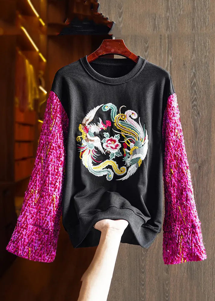 New Black O Neck Embroideried Patchwork Cotton Sweatshirts Fall Ada Fashion