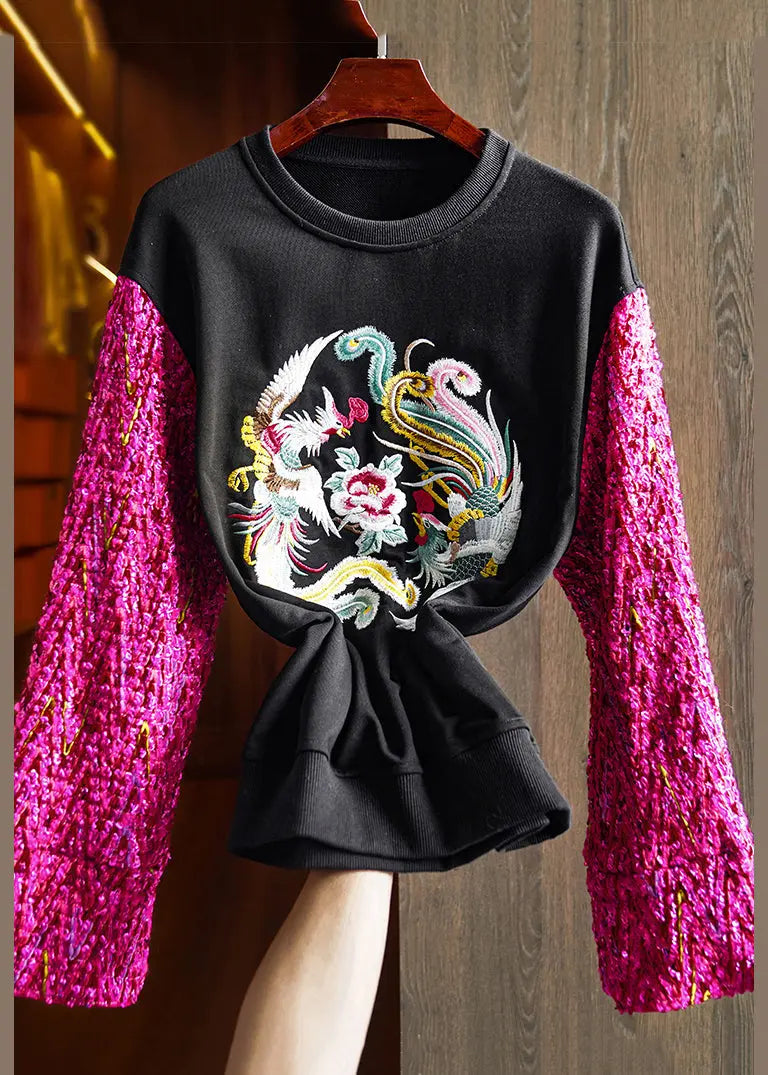 New Black O Neck Embroideried Patchwork Cotton Sweatshirts Fall Ada Fashion