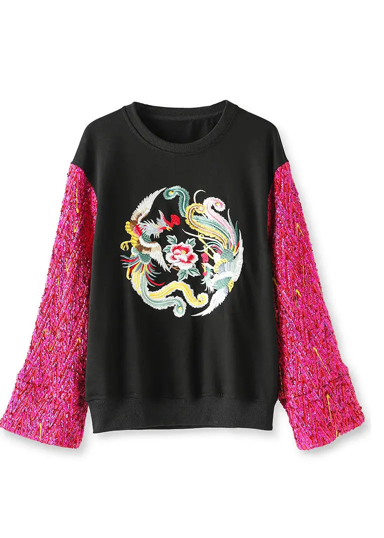 New Black O Neck Embroideried Patchwork Cotton Sweatshirts Fall Ada Fashion