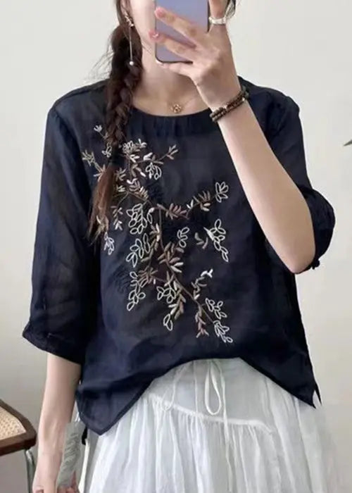 New Black O-Neck Embroideried Patchwork Cotton T Shirt Half Sleeve Ada Fashion