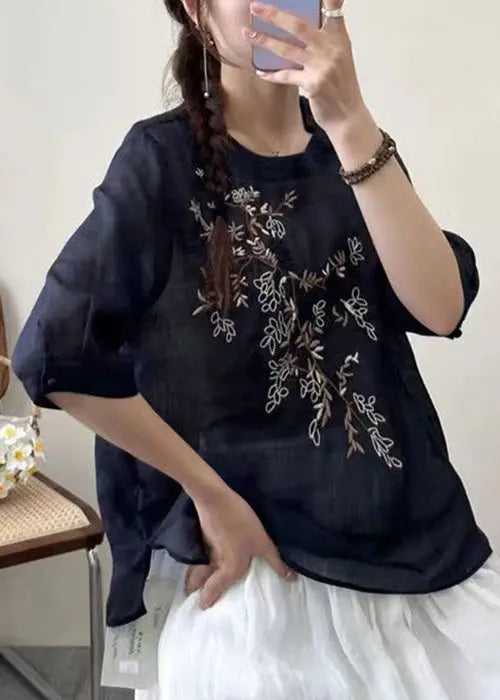 New Black O-Neck Embroideried Patchwork Cotton T Shirt Half Sleeve Ada Fashion