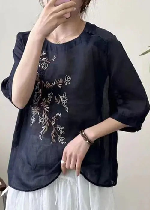 New Black O-Neck Embroideried Patchwork Cotton T Shirt Half Sleeve Ada Fashion