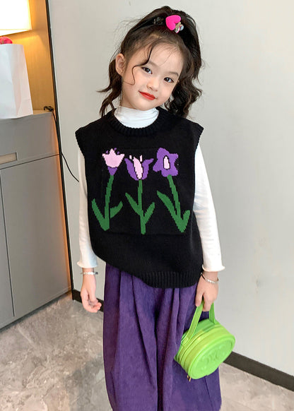 New Black O Neck Patchwork Knit Girls Waistcoat Sleeveless Ada Fashion