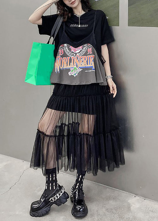 New Black O-Neck Print Wrinkled Tulle Patchwork Two Pieces Set Summer Ada Fashion