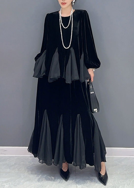 New Black O Neck Wrinkled Patchwork Silk Velour Two Pieces Set Fall Ada Fashion