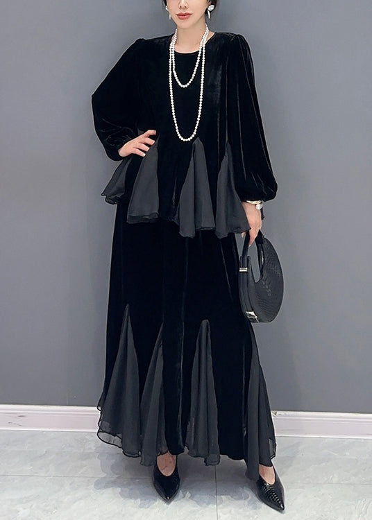 New Black O Neck Wrinkled Patchwork Silk Velour Two Pieces Set Fall Ada Fashion