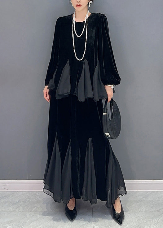 New Black O Neck Wrinkled Patchwork Silk Velour Two Pieces Set Fall Ada Fashion