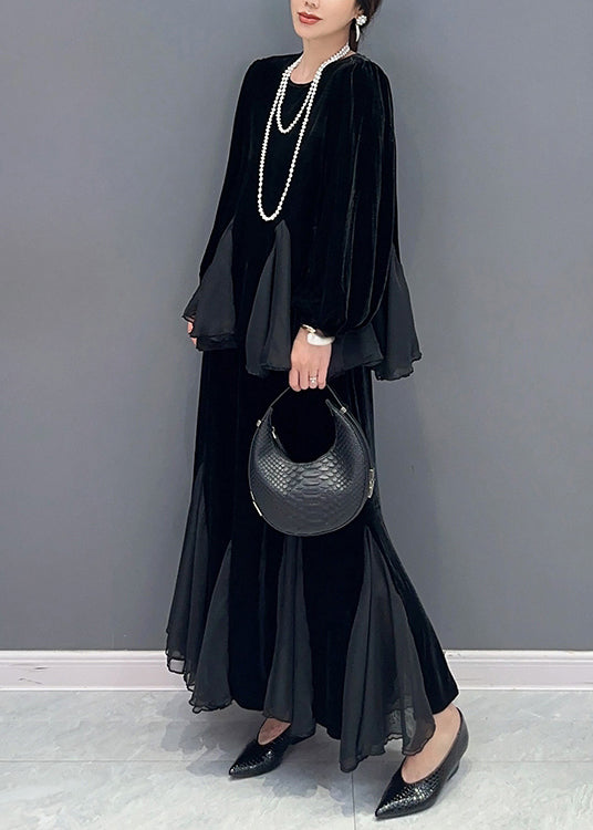 New Black O Neck Wrinkled Patchwork Silk Velour Two Pieces Set Fall Ada Fashion