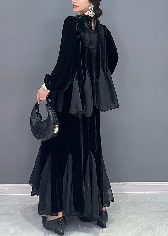 New Black O Neck Wrinkled Patchwork Silk Velour Two Pieces Set Fall Ada Fashion