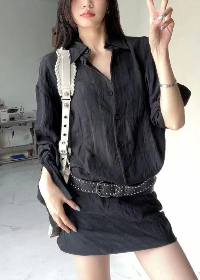 New Black Peter Pan Collar Button Cotton Shirts Mid Dress Long Sleeve Ada Fashion