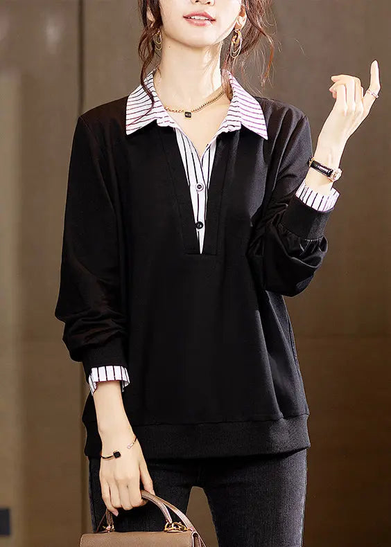 New Black Peter Pan Collar Button Patchwork Cotton Tops Long Sleeve Ada Fashion