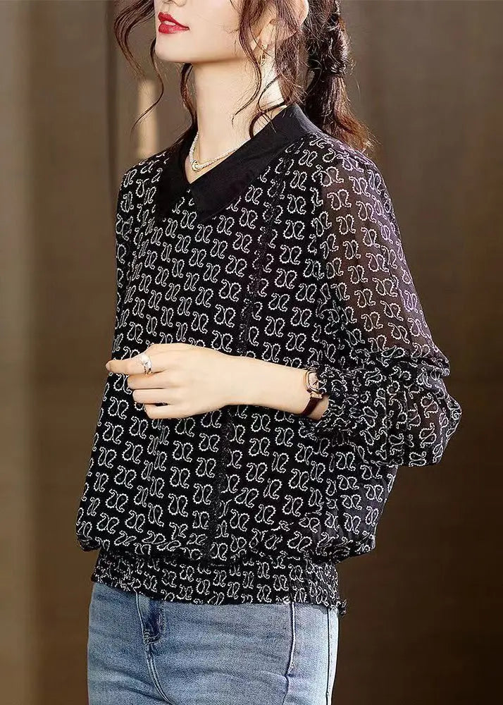 New Black Peter Pan Collar Print Patchwork Chiffon Top Long Sleeve Ada Fashion