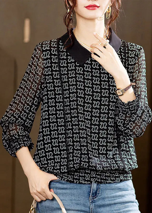 New Black Peter Pan Collar Print Patchwork Chiffon Top Long Sleeve Ada Fashion