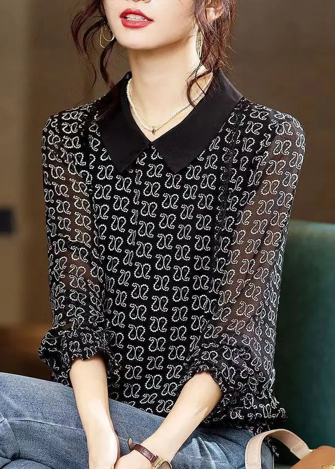 New Black Peter Pan Collar Print Patchwork Chiffon Top Long Sleeve Ada Fashion