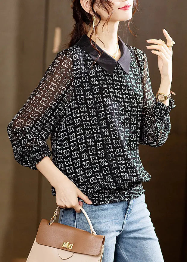 New Black Peter Pan Collar Print Patchwork Chiffon Top Long Sleeve Ada Fashion