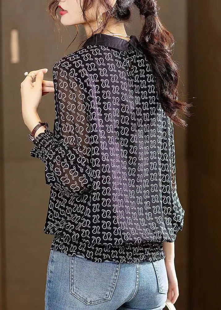 New Black Peter Pan Collar Print Patchwork Chiffon Top Long Sleeve Ada Fashion