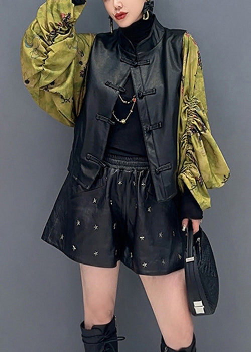 New Black Print Wrinkled Faux Leather Patchwork Coat Fall Ada Fashion