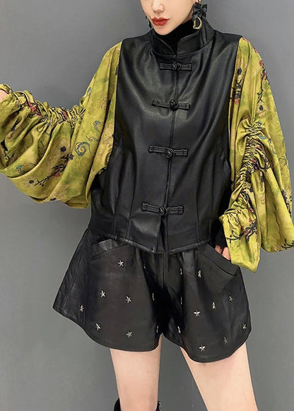 New Black Print Wrinkled Faux Leather Patchwork Coat Fall Ada Fashion