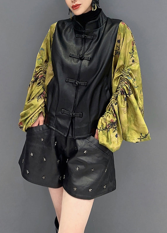 New Black Print Wrinkled Faux Leather Patchwork Coat Fall Ada Fashion