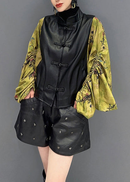 New Black Print Wrinkled Faux Leather Patchwork Coat Fall Ada Fashion