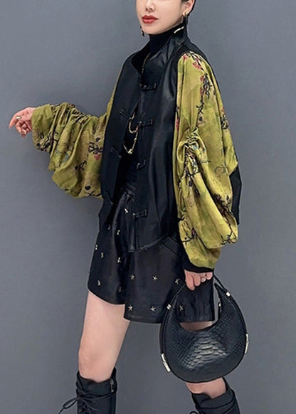 New Black Print Wrinkled Faux Leather Patchwork Coat Fall Ada Fashion