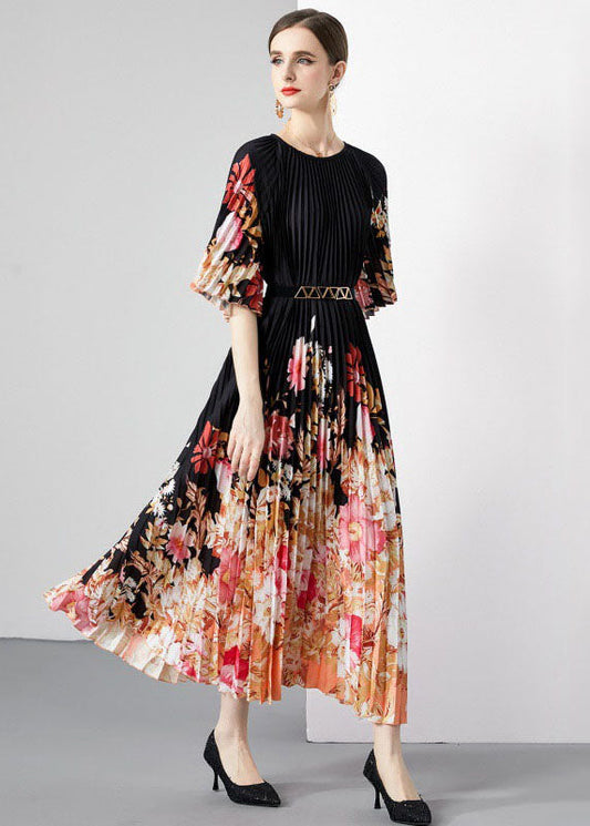 New Black Print Wrinkled Loose Patchwork Loose Chiffon Long Dresses Half Sleeve LY7450 - fabuloryshop