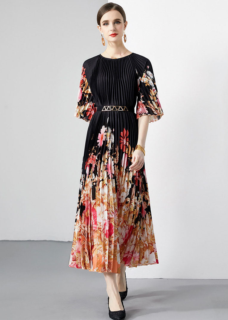 New Black Print Wrinkled Loose Patchwork Loose Chiffon Long Dresses Half Sleeve LY7450 - fabuloryshop