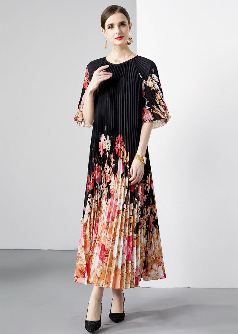 New Black Print Wrinkled Loose Patchwork Loose Chiffon Long Dresses Half Sleeve LY7450 - fabuloryshop