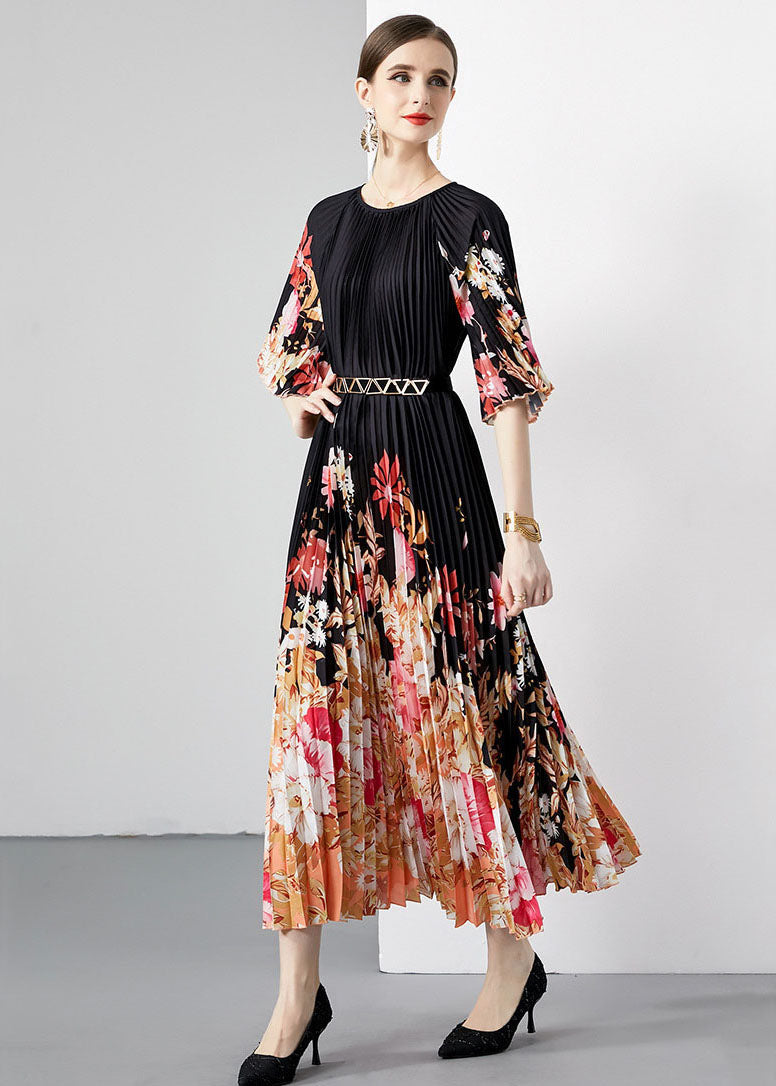 New Black Print Wrinkled Loose Patchwork Loose Chiffon Long Dresses Half Sleeve LY7450 - fabuloryshop