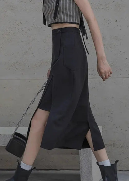 New Black Side Open High Waist  Cotton Skirts Summer Ada Fashion