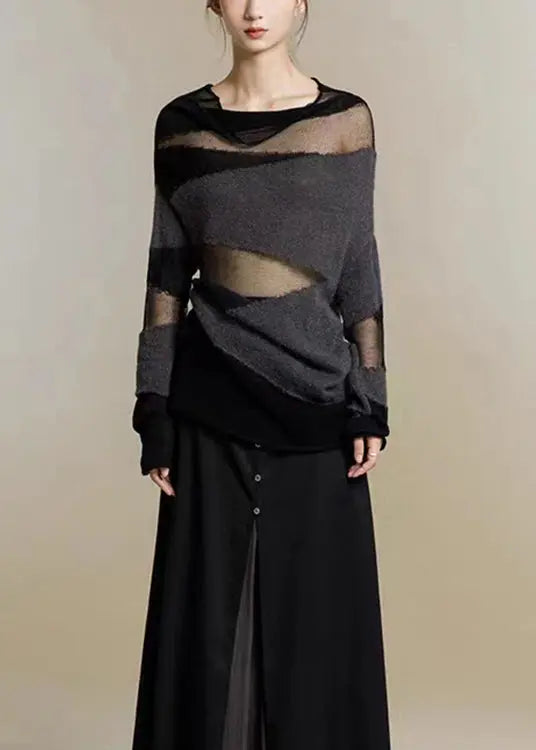 New Black Turtleneck Tulle Patchwork Thin Knit Sweaters Fall Ada Fashion