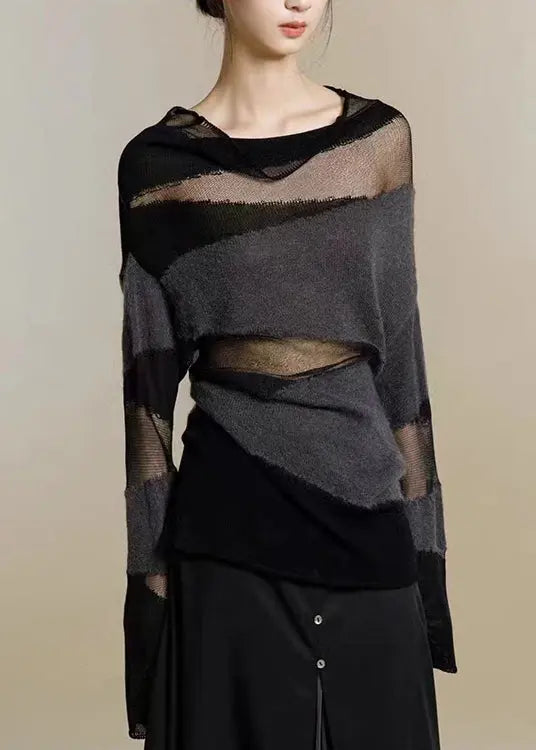 New Black Turtleneck Tulle Patchwork Thin Knit Sweaters Fall Ada Fashion