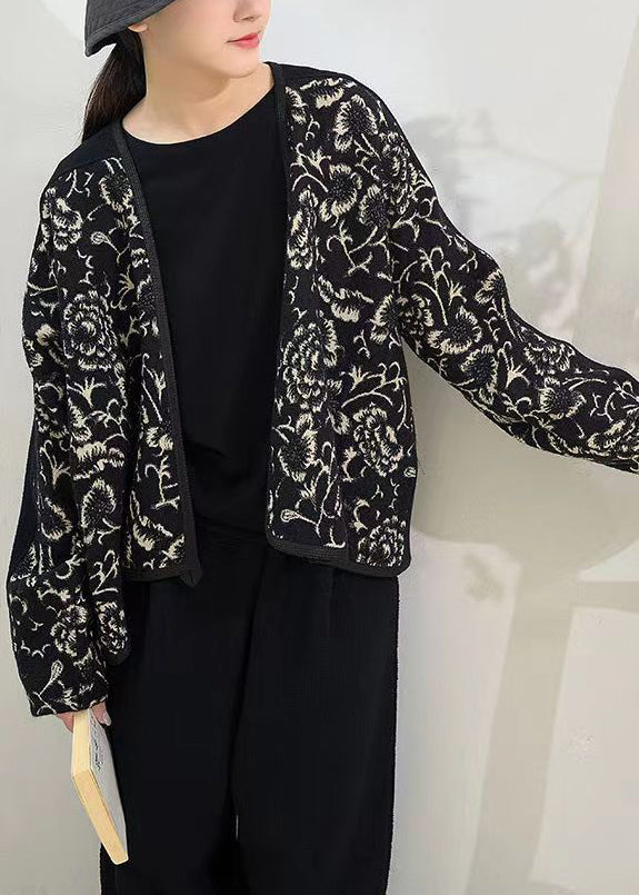 New Black V Neck Jacquard Patchwork Woolen Coats Fall Ada Fashion