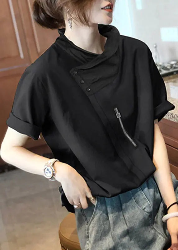 New Black Zippered Patchwork Cotton T Shirt Tops Summer Ada Fashion