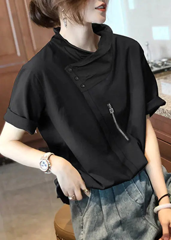 New Black Zippered Patchwork Cotton T Shirt Tops Summer Ada Fashion