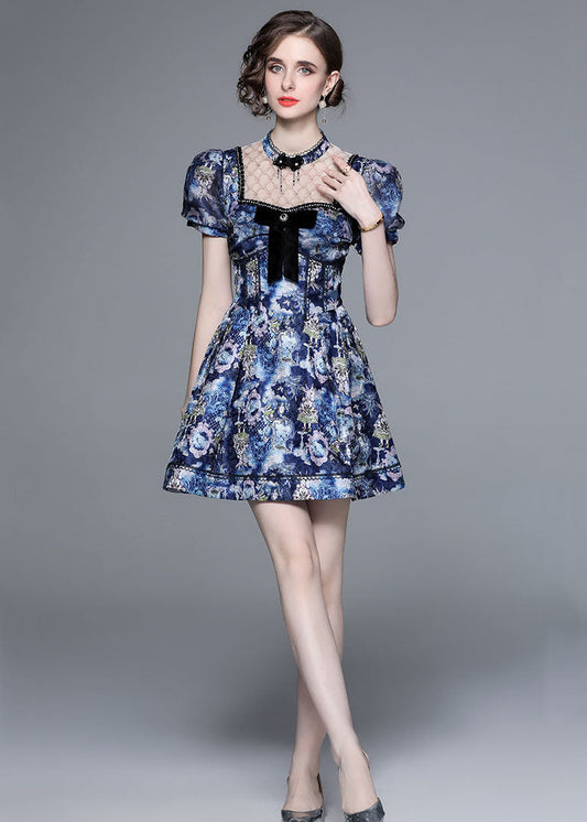 New Blue Bow Wrinkled Print Patchwork Cotton Mid Dress Puff Sleeve LY7447 - fabuloryshop