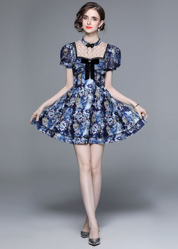 New Blue Bow Wrinkled Print Patchwork Cotton Mid Dress Puff Sleeve LY7447 - fabuloryshop