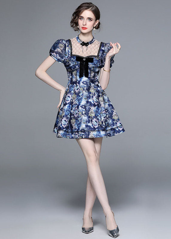 New Blue Bow Wrinkled Print Patchwork Cotton Mid Dress Puff Sleeve LY7447 - fabuloryshop