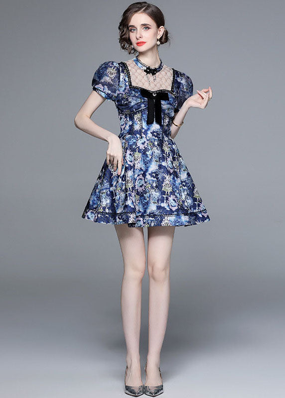 New Blue Bow Wrinkled Print Patchwork Cotton Mid Dress Puff Sleeve LY7447 - fabuloryshop